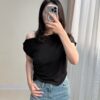 斜肩抓皺造型上衣-黑