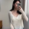 蕾絲拼接緞面細肩帶背心-白
